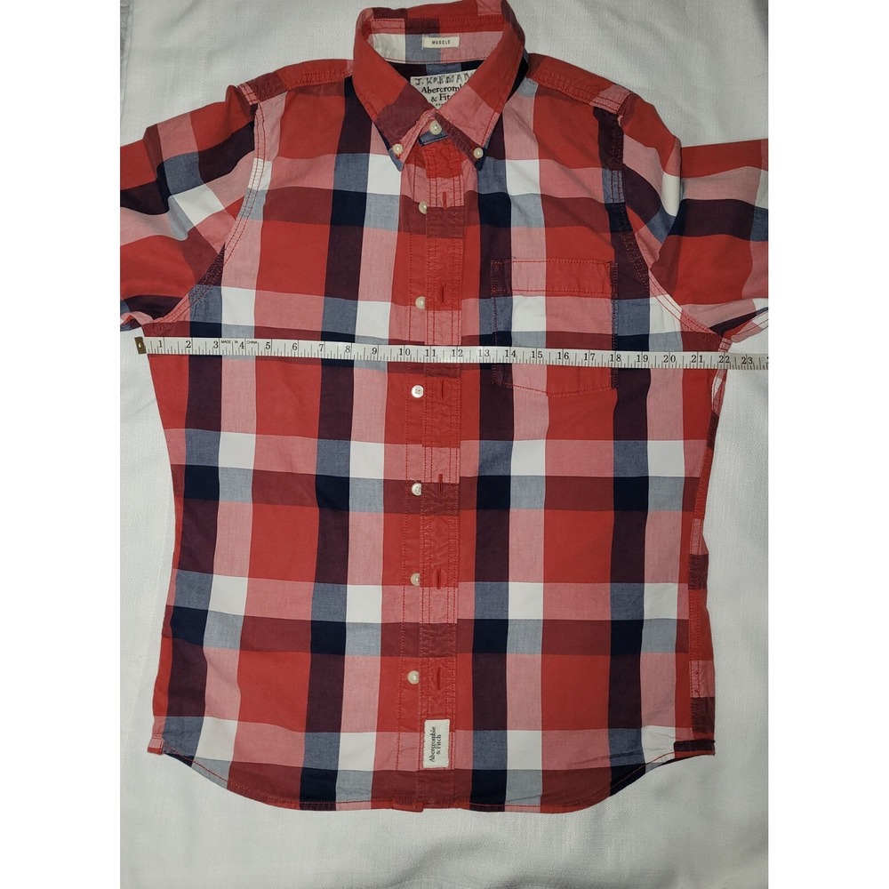 VTG Abercrombie & Fitch Men Large Flannel Plaid Muscle Shirt Y2K Preppy Red/Blue - Picture 4 of 6